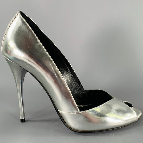 BALMAIN Size 6 Silver Patent Leather Peep Toe Heels Pumps - Picture 2 of 11